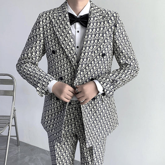 maoxiangshop Men's Suit 2 Piece Printed Jacket Pants Wedding Groom Tuxedo Formal Business Blazer Groomsmen Slim Fit Outfit