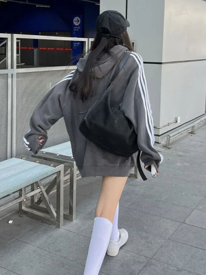 maoxiangshop Casual Zip Hoodie Women Autumn Harajuku Loose Side Stripe Patchwork Long Sleeve Oversized Hoodie School Grey Cardigan