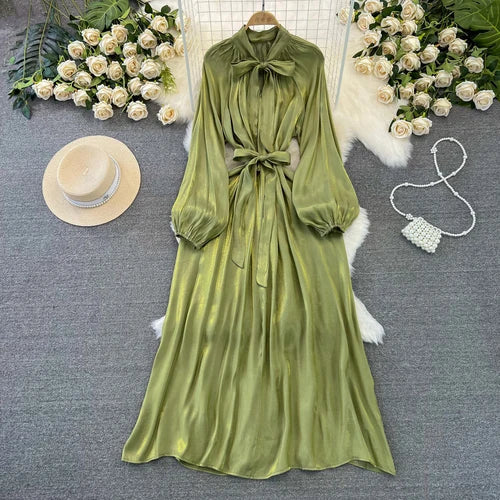 maoxiangshop Frenchic Vintage Long Dress Women Lace-up Bow Collar Lantern Sleeve Female Vestidos De Mujer Spring Elegant Dresses