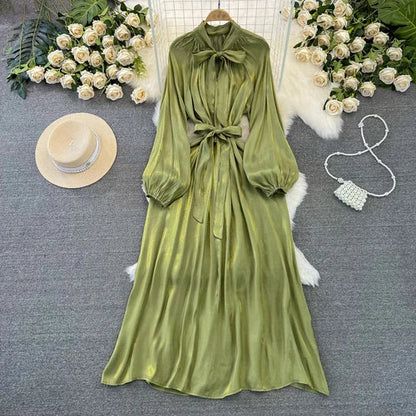 maoxiangshop Frenchic Vintage Long Dress Women Lace-up Bow Collar Lantern Sleeve Female Vestidos De Mujer Spring Elegant Dresses