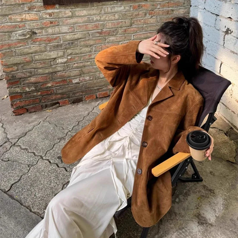 maoxiangshop  -  Vintage Suede Blazers Coat Women Loose Lapel Single Breasted Long Sleeve Pockets Jacket 2024 Autumn New Lady High Street Outwear