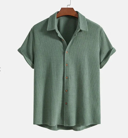 maoxiangshop Summer Men's Short Sleeve Solid Color Single breasted Casual Loose Beach Shirt