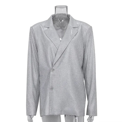 Sliver Sparkly OVersized Blazer Sets For Women Suit Ladies Casual Glitter Coat And Pants Sets Blazer Femme Mujer Party