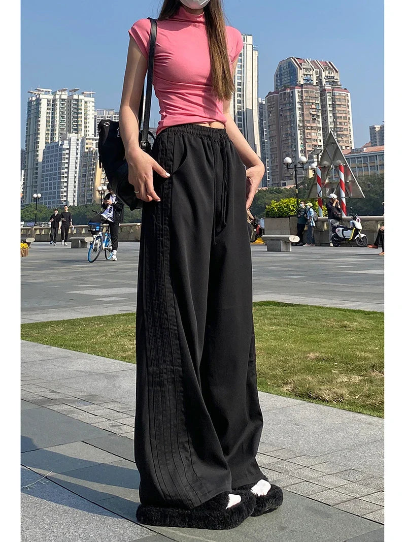 maoxiangshop Side Stripe Retro Loose Lace-up Wide Leg Casual Long Women Pants Korean Fashion High Waist Trouser Lady Autumn Y2k Street Pants