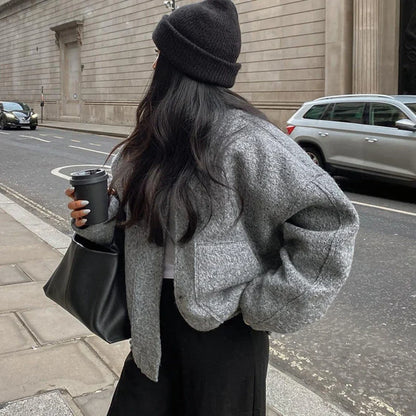 maoxiangshop  -  Y2K Loose Bomber Jackets Women Autumn Winter Casual Terry Pockets Long Sleeve Tops Fashion Streetwear Chic Female Baseball Coat