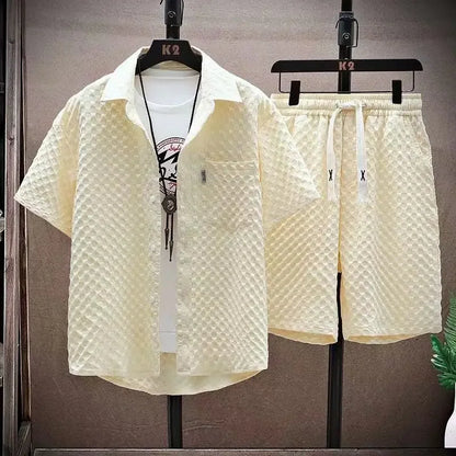 maoxiangshop Men's Set High Quality Ice Silk Plaid Short Sleeved Lapel Shirt Shorts Two-piece for Men Korean Luxury Casual Oversize Clothing