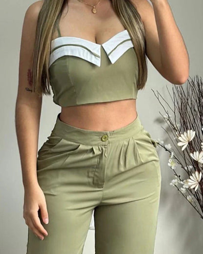 maoxiangshop Sexy Elegant Crop Cami Top & Ruched Pocket Design Pants Set Womens Two Piece Sets Outfit New Fashion 2024 Summer Casual