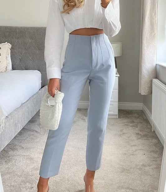 maoxiangshopWomen Light Blue Chic Fashion Office Wear Straight Pants Vintage High Waist Zipper Fly Female Trousers Fashion