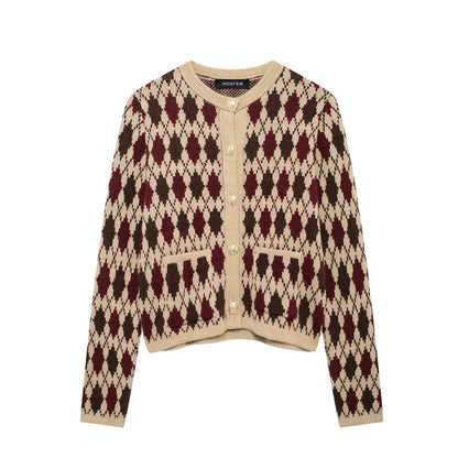 maoxiangshop  -  Irregular Plaid Knitted Cardigan Women Round Neck Single Breasted Long Sleeve Sweater Vintage Casual Jumper Outerwear Autumn New