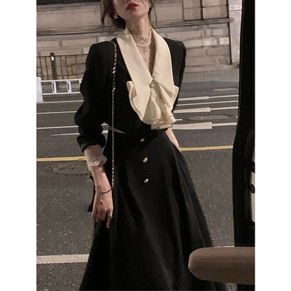 2 Piece Dress Set Women Casual Elegant Vintage Black Midi Dress Korean Clothes Y2k Crop Top Short Coats + Skirt Autumn Chic