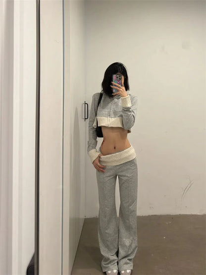 Women Korean Y2k Gyaru Outfits 2 Piece Set Patchwork Long Sleeve Cropped Hoodie + Elastic waist Long Trousers Baggy Sweat Pants