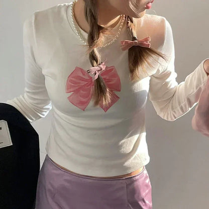 maoxiangshop-Cute Bow Print Cropped Top White Coquette Slim-fit Long Sleeve T-shirts Sweet Casual Basic Knitted Tops Y2K Autumn 2023