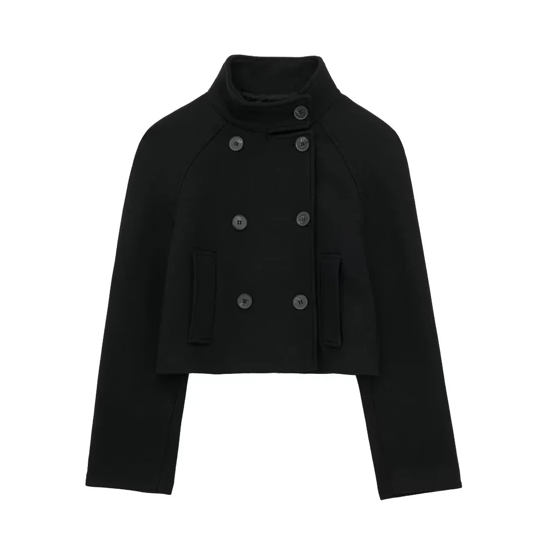 maoxiangshop -  Women's Winter Crop Jakcet Casual Long Sleeve Double Breasted Stand Collar Wool Blend Coat Female Fashion Chic Top Y2K
