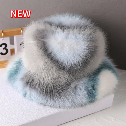 maoxiangshop y2k Fluffy Faux Fur Bucket Hat Women Rabbit Fur Warm Thick Plush Winter Hat Lady Luxury Fashion Furry Panama Fisherman Cap