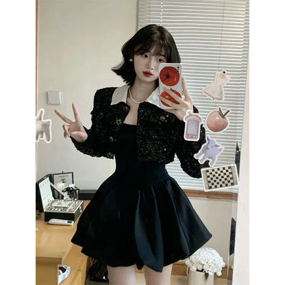 maoxiangshop-Y2K Black Mini Dress Women Korean Square Collar Long Sleeve One Pieces Dresses Party Prom Elegant Bodycon A Line Vestidos