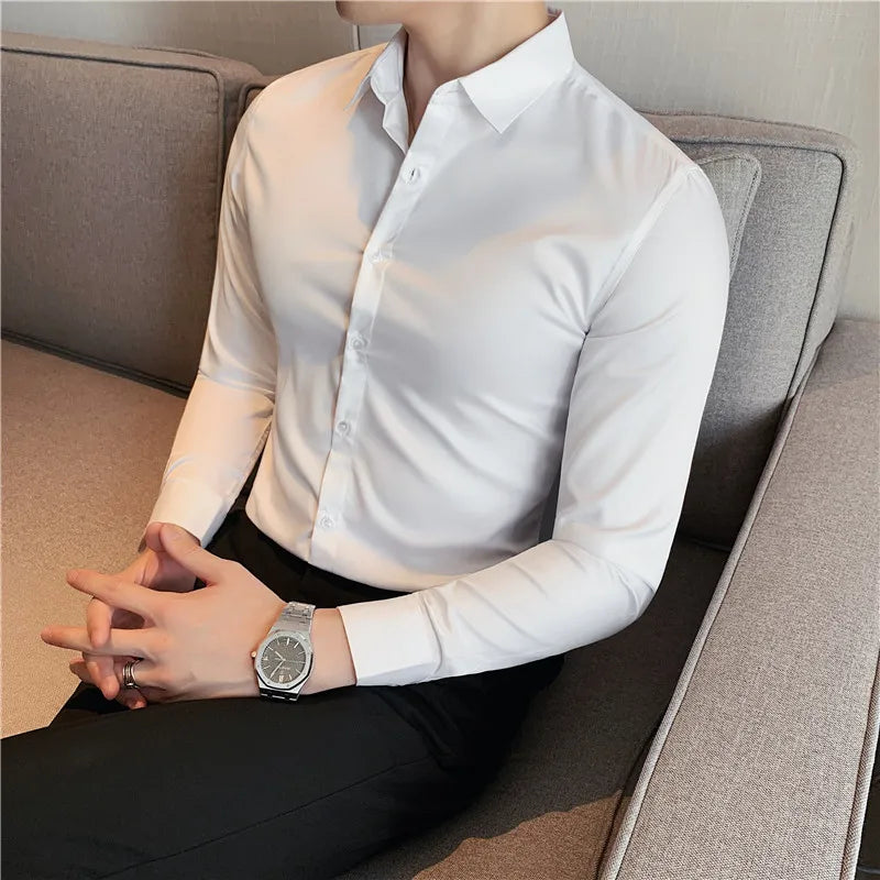 maoxiangshop Mens Shirts Autumn New Long Sleeve Stripe Dress Shirt Solid Casual Formal Wear Slim Fit Chemise Homme Camisas Men Clothing