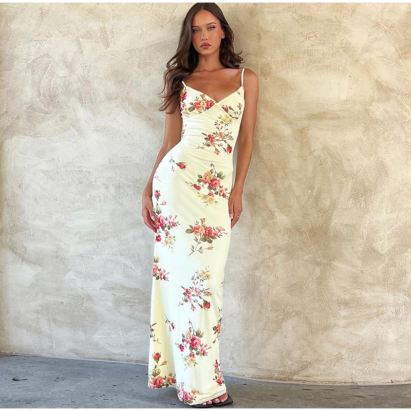 maoxiangshop Fashion Flower Print Spaghetti Strap Dress Women Elegant V Neck Backless Midi Dresses Summer New Sweet Ladies Vestidos