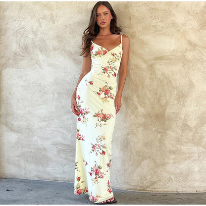 maoxiangshop Fashion Flower Print Spaghetti Strap Dress Women Elegant V Neck Backless Midi Dresses Summer New Sweet Ladies Vestidos