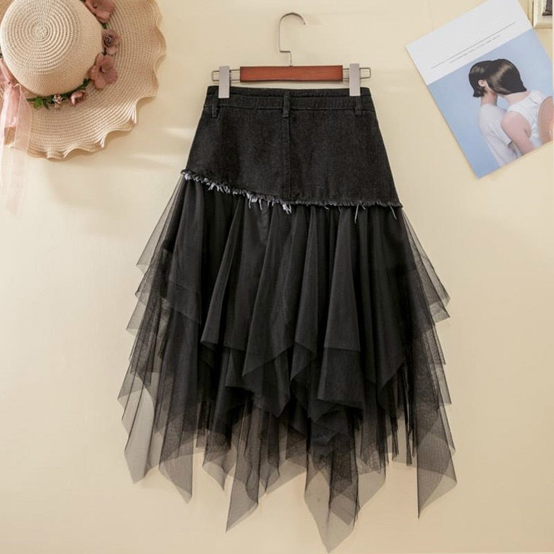 maoxiangshop Summer Denim Jeans Skirt Women Y2K Irregular High Waisted Tulle Skirts Mesh Patchwork Pockets Pleated Mid-Calf Tutu High Street