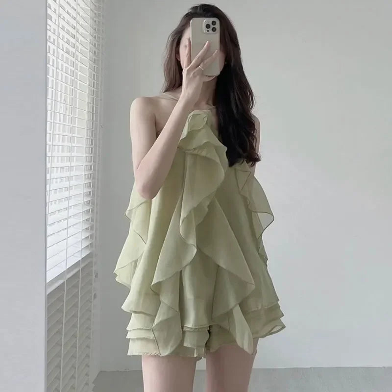 maoxiangshop Boho Dress Vintage Hanging Neck Layer Ruffle Sleeveless Sling  Short Sexy Green Chiffon es Robe Vestidos Mujer Korean