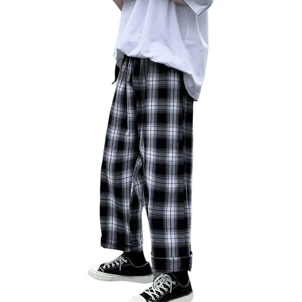 maoxiangshop Autumn Men Pants Plaid Streetwear Wide Leg Elastic Waist Loose Sports Pants Trousers Checkered Wide Leg Pants for Travel