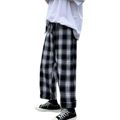 maoxiangshop Autumn Men Pants Plaid Streetwear Wide Leg Elastic Waist Loose Sports Pants Trousers Checkered Wide Leg Pants for Travel