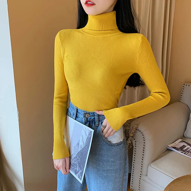 maoxiangshop 2024 Autumn Winter Women Long Sleeve Knitted Foldover Turtleneck Ribbed Pull Sweater Soft Warm Femme Jumper Pullover Clothes