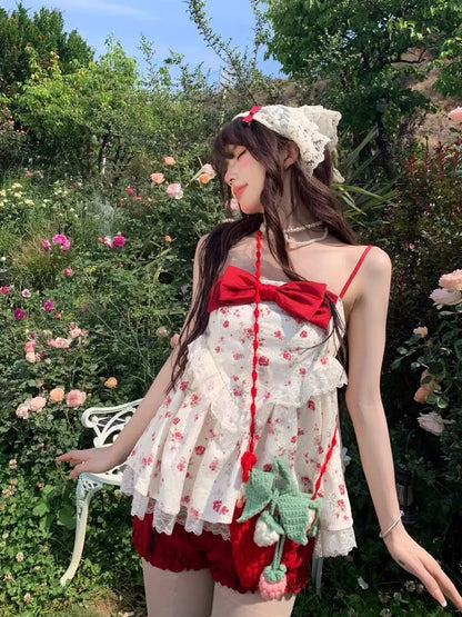 maoxiangshop  -  Cute Girl Sweet Bow Lace Splice Camisole Top Red Slimming Pumpkin Shorts Set Summer New Beach Style Two Piece Sets Women Outfits