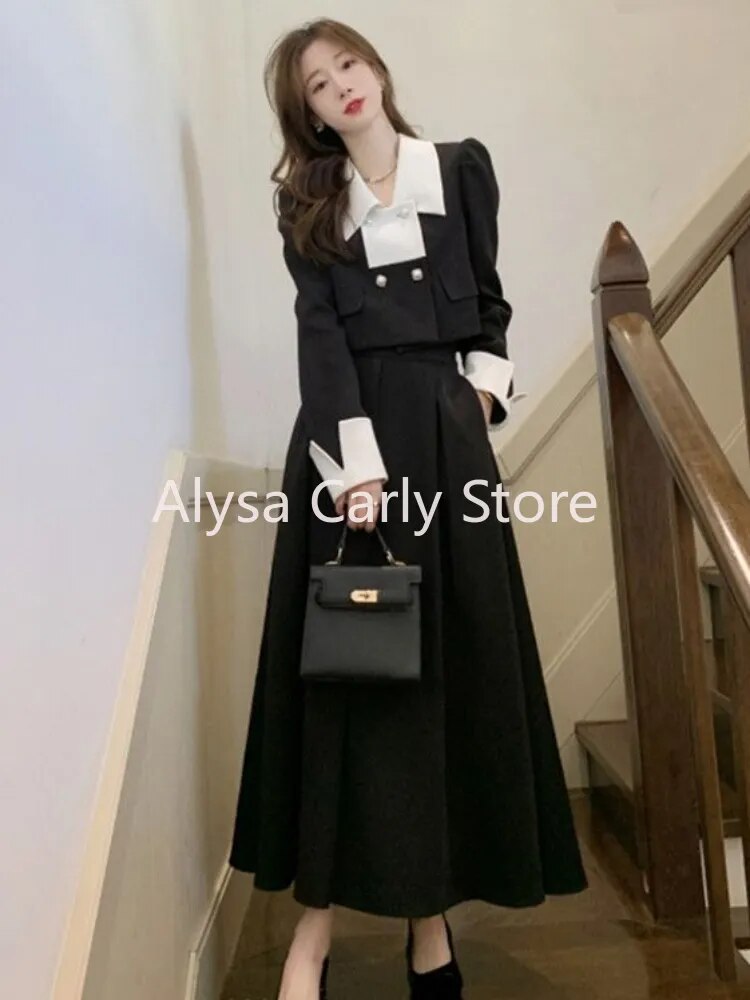 Autumn Elegant 2 Piece Dress Set Women Slim Vintage Party Office Lady Korean Suit Long Sleeve Crop Tops + Casual Midi Skirt