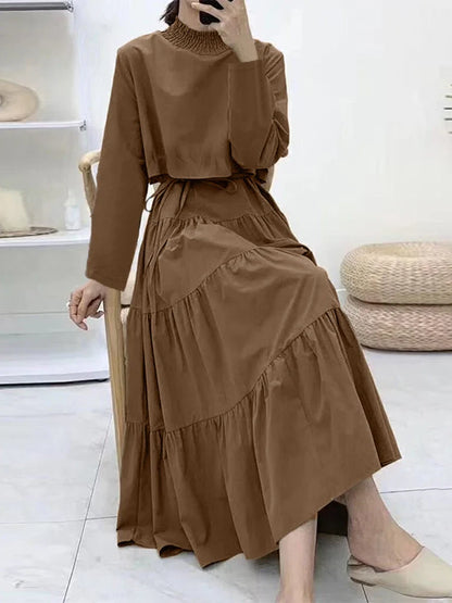 maoxiangshop Elegant High Collar Ruffled Dress Casual Solid Color Robes Women Autumn Maxi Vestidos Party Holiday Cake Dresses