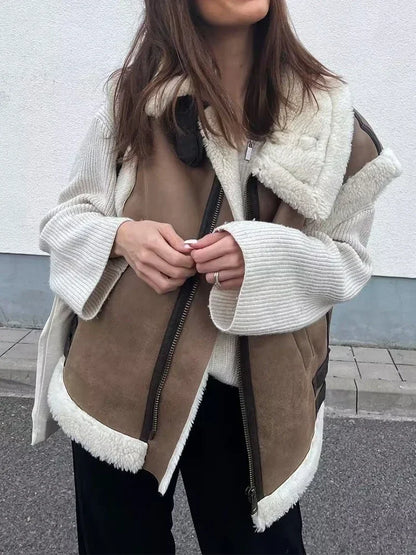 maoxiangshop  -  Women Autumn Faux Fur Vest Coat Warm Vintage Female Vests Coat Nude Zipper Sleeveless Jacket New in Outerwears