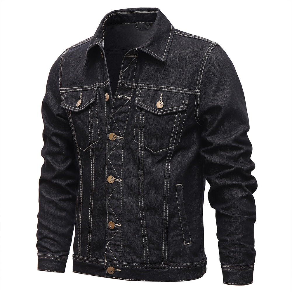 maoxiangshop New Solid Casual Cotton Denim Jacket Men Plus Size M-5XL Lapel Single Breasted Jeans Jacket High Quality Denim Jackets Man