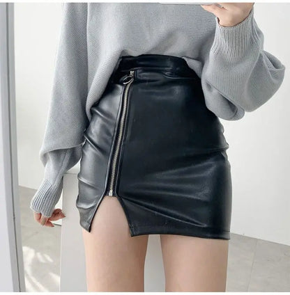 maoxiangshop Black Mini Sexy Skirt Sexy High Waist Package Hip Pencil Skirt Women Korean Fashion Pu Faux Leather Split Zipper Short Skirts