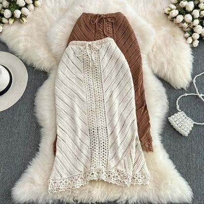 maoxiangshop Boho Summer Beach Sexy Skirts Women Lace-up Crochet Hollow Out Female Sheath Skirts Ladies High Waist Elegant Skirt