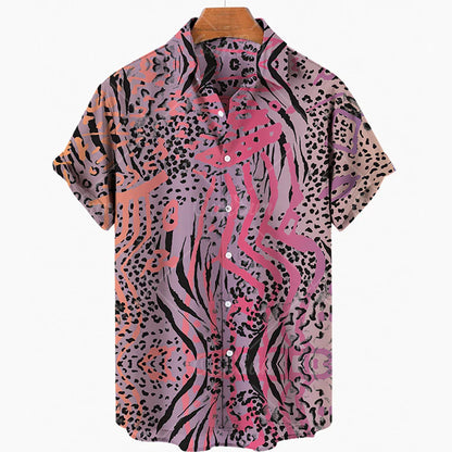 maoxiangshop Short Sleeve Leopard Men's Shirts For Man Clothing Hawaiian Fashion 3D Print Thin Lapel Floral Casual Oversized Imported Camisa