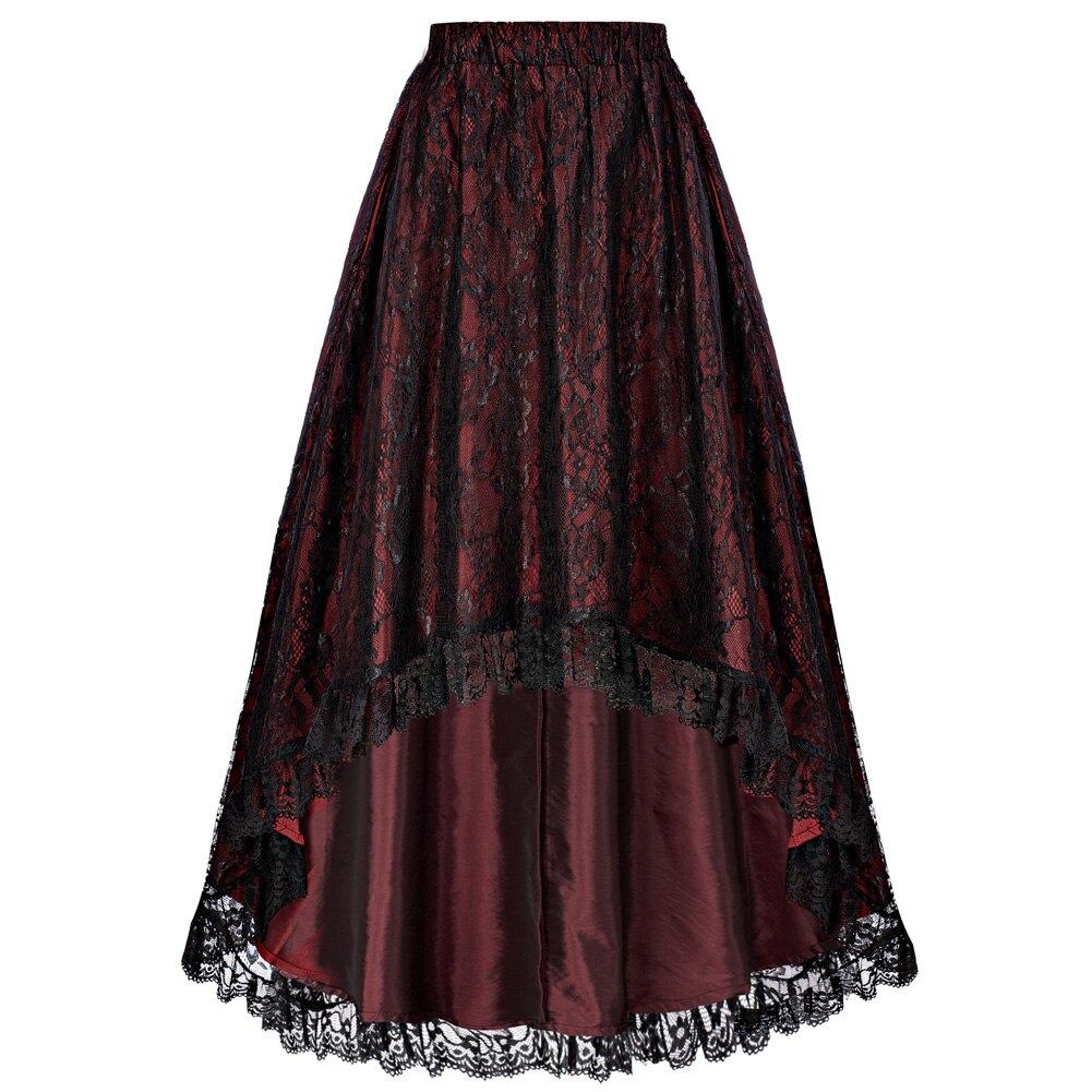 maoxiangshop Women Renaissance High-Low Skirt Vintage Gothic Steampunk Hight Elastic Waist Swing Skirt Victorian Lace Skirts A30