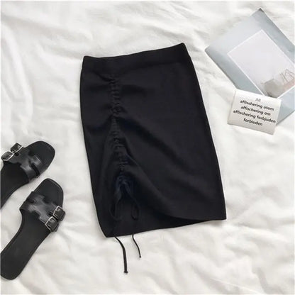 maoxiangshop White High Waist Stretch Side Drawstring Skirt Women Club Slim knitted Short Skirt Sexy All-match Fashion Mini Skirt Black