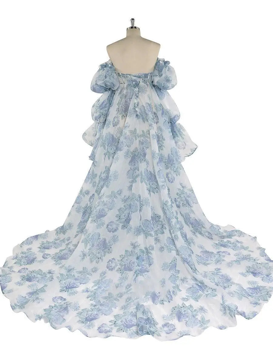 maoxiangshop Blue New Floral Printing Silk Organza Maternity Gown for Baby Shower Photography Photo Shoot Dress Props Lace UP Back