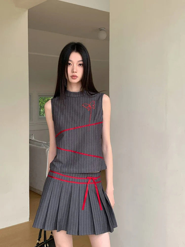 Summer Women Vintage Old Money 2000s Aesthetic Outfits 2 Piece Set Striped Tank Tops + A-line Mini Pleated Skirts Korean Fashion