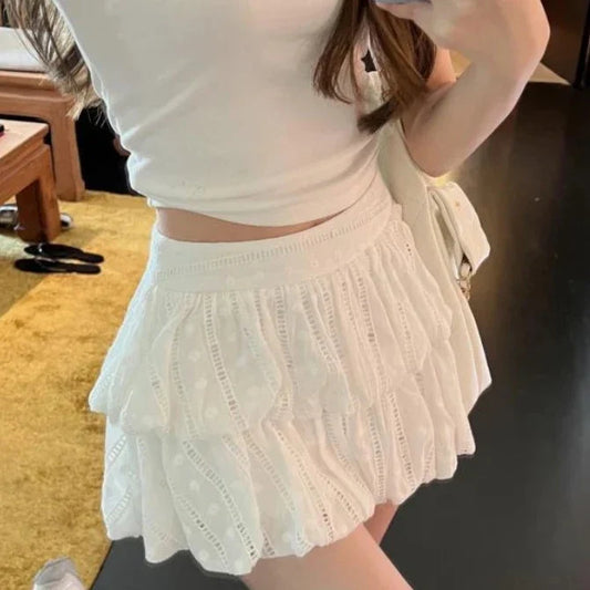 maoxiangshop Coquette White Skirt Women Summer Y2k Lace Patchwork Sexy High Waist A-line Cute Kawaii Korean Tutu Mini Skirt Fairycore