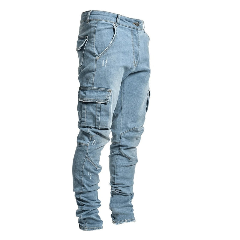maoxiangshop Jeans Men Pants Casual Cotton Denim Trousers Multi Pocket Cargo Jeans Men New Fashion Denim Pencil Pants Side Pockets Cargo