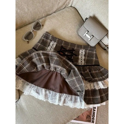 maoxiangshop  -  Kawaii Ruffle Lace Plaid Skirts Women Sweet Elegant Mini Skirt Cutecore Autumn Winter Patchwork A-line Short Skirts