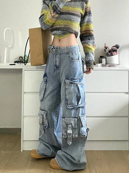 maoxiangshop Autumn Winter New Ladies Cargo Jeans American Street Style Baggy Cargo Pants Women Blue Multi-pocket Wide Leg Jeans for Women