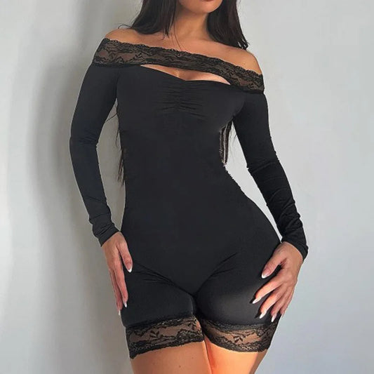 maoxiangshop  -  2024 Autumn Lace Patchwork Hollow Out Skinny Playsuits Women Sexy Off Shoulder Long Sleeve Skinny Rompers Club Party Jumpsuits
