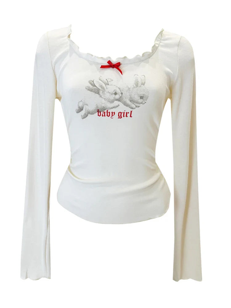 Autumn Women Korean Fashion Coquette Graphic Mori Girl T-Shirts Kawaii Tees Long Sleeve fairycore Crop Tops Gyaru Y2k Aesthetic