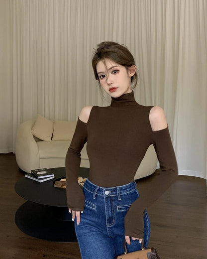 maoxiangshop Autumn Korean Fashion Y2K T-shirt Woman Japanese Turtleneck Sexy Tee Shirt Women Off Shoulder White Vintage White Tops Clothes