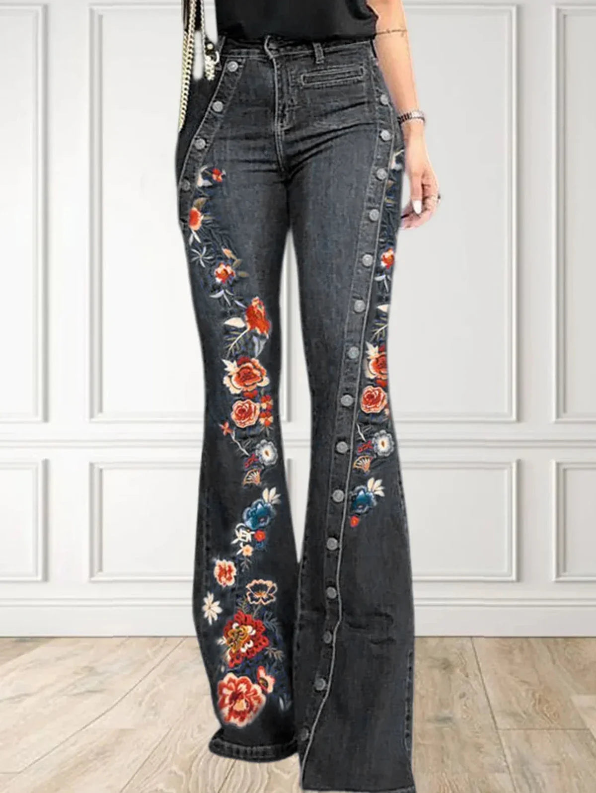 maoxiangshop Women Fashion Plain Button Decor Flare Leg Long Denim Pants Floral Embroidery Ladies High Waist Skinny Bottom Wide Leg Jeans