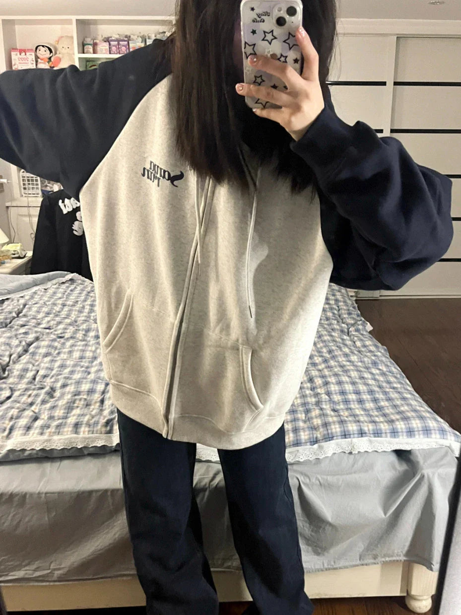Deeptown Harajuku Zip Up Hoodies Women Korean Fashion Streetwear Hooded Sweatshirts Female Kpop Vintage Tops Spring and Autumn