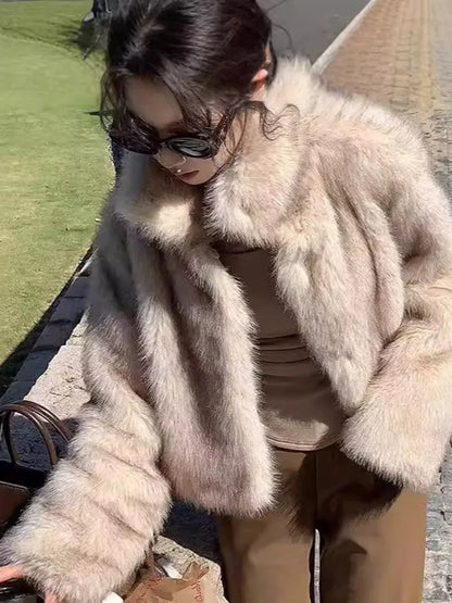 maoxiangshop  -  Vintage Warm Open Fur Coats Women Casual Warm Lapel Solid Faux Fur Overcoats Female Winter Elegant Loose Chic Street Outwear