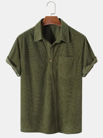 maoxiangshop New 2024 Men's Summer Corduroy Short Sleeve Shirt Fashion Casual Streetwear Solid Lapel Loose Pullover Retro Simple Tops for Men